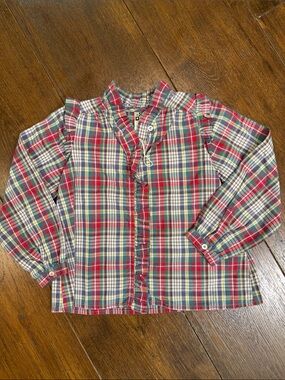 Bonton - Girls Plaid Ruffle Front Long Sleeve Shirt - Size: 6Y